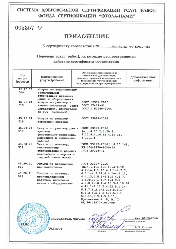Приложение 005357 к сертификату ФН010-951 — ремонт спецтехники