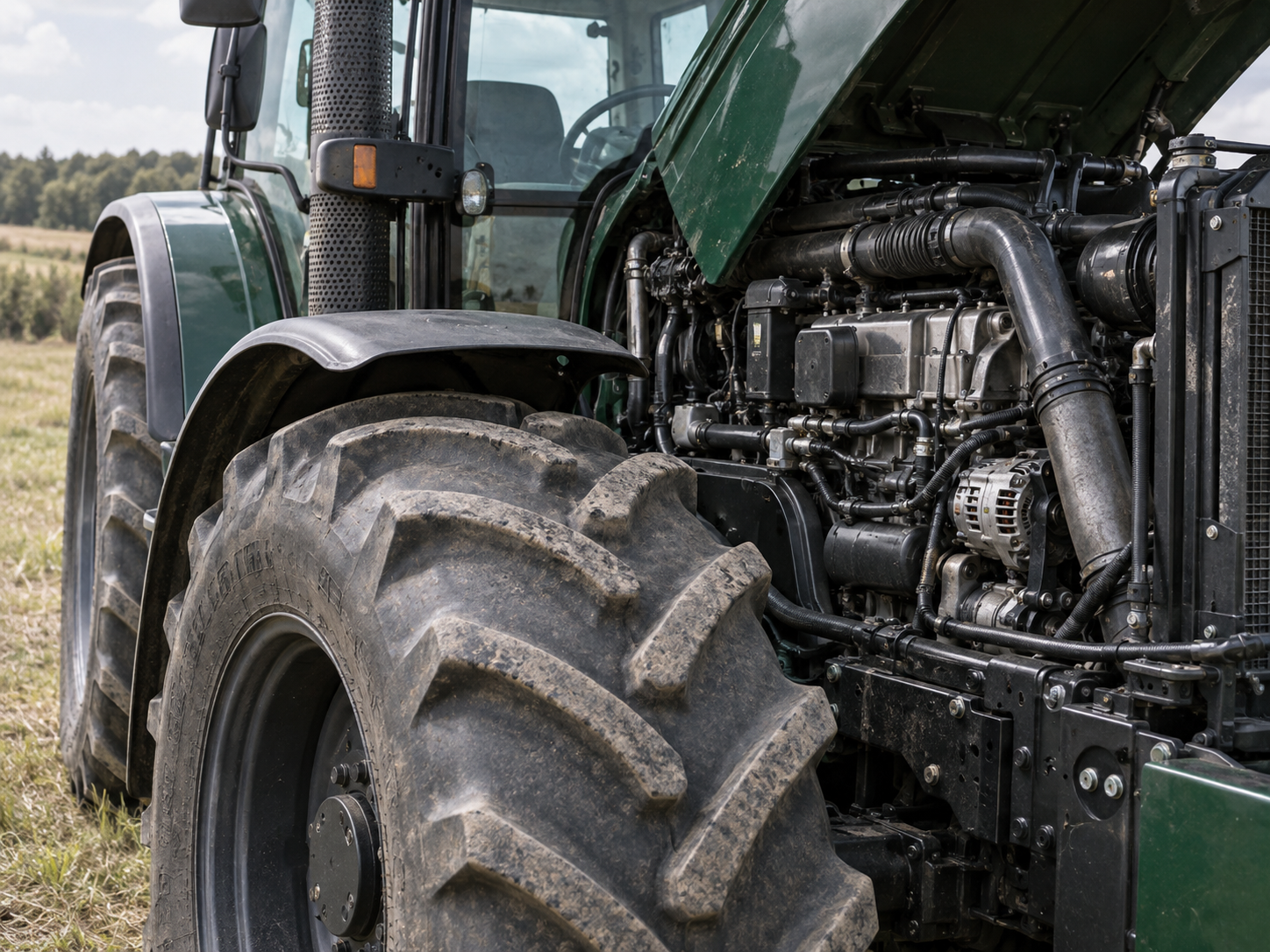 Крупный план трактора с открытым моторным отсеком. Иллюстрация.